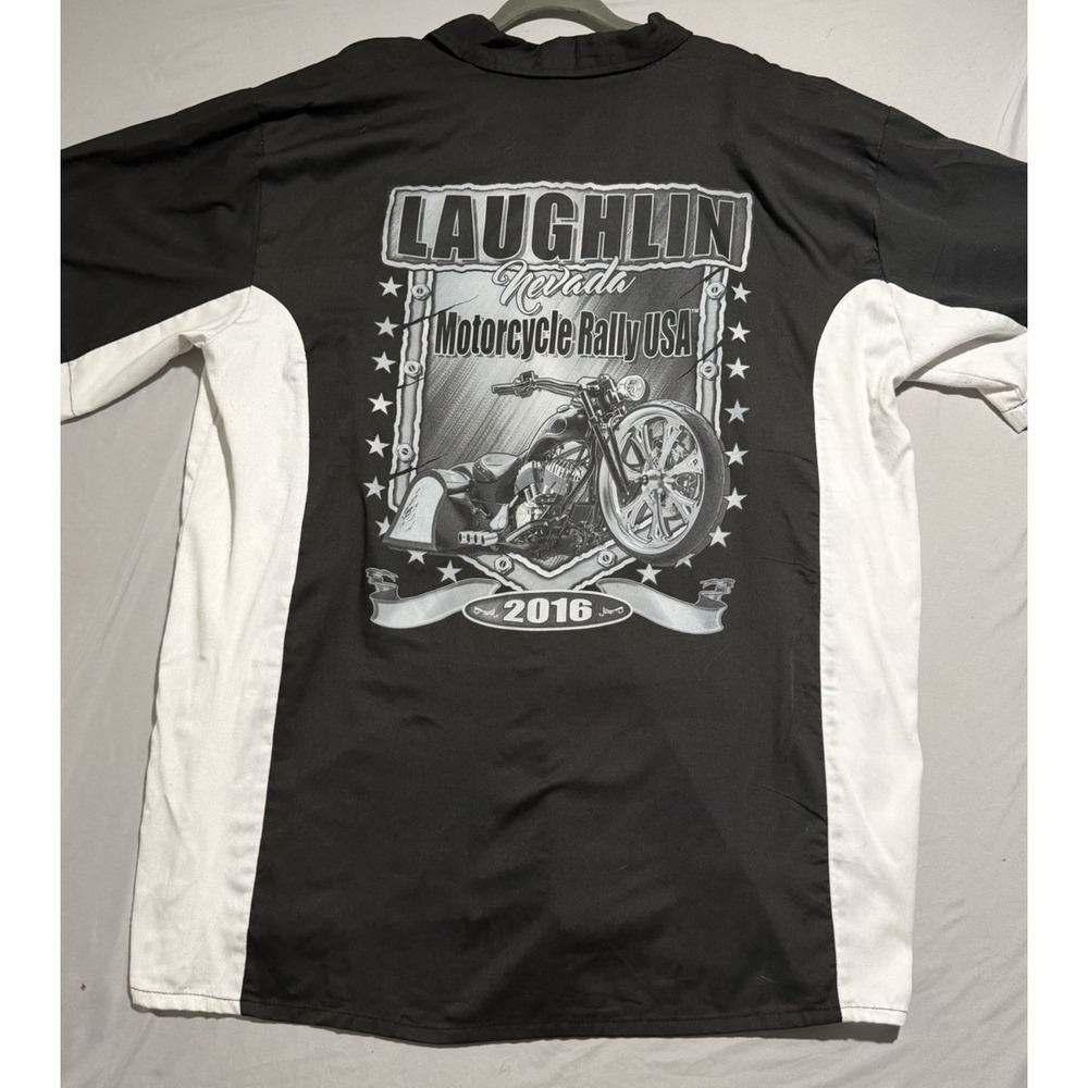 biker wear black&white ss button up motorcycle shirt, laughlin rally, men's 4X